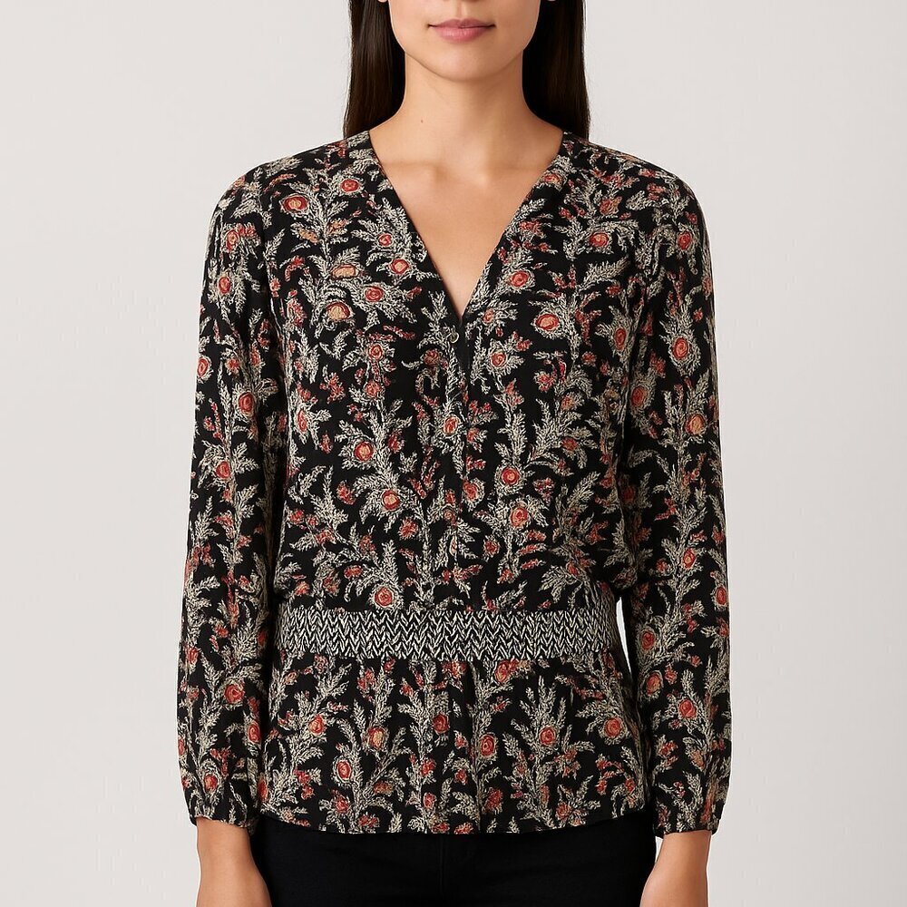 Joie NWOT Black Feather Print Peasant Blouse Size Small